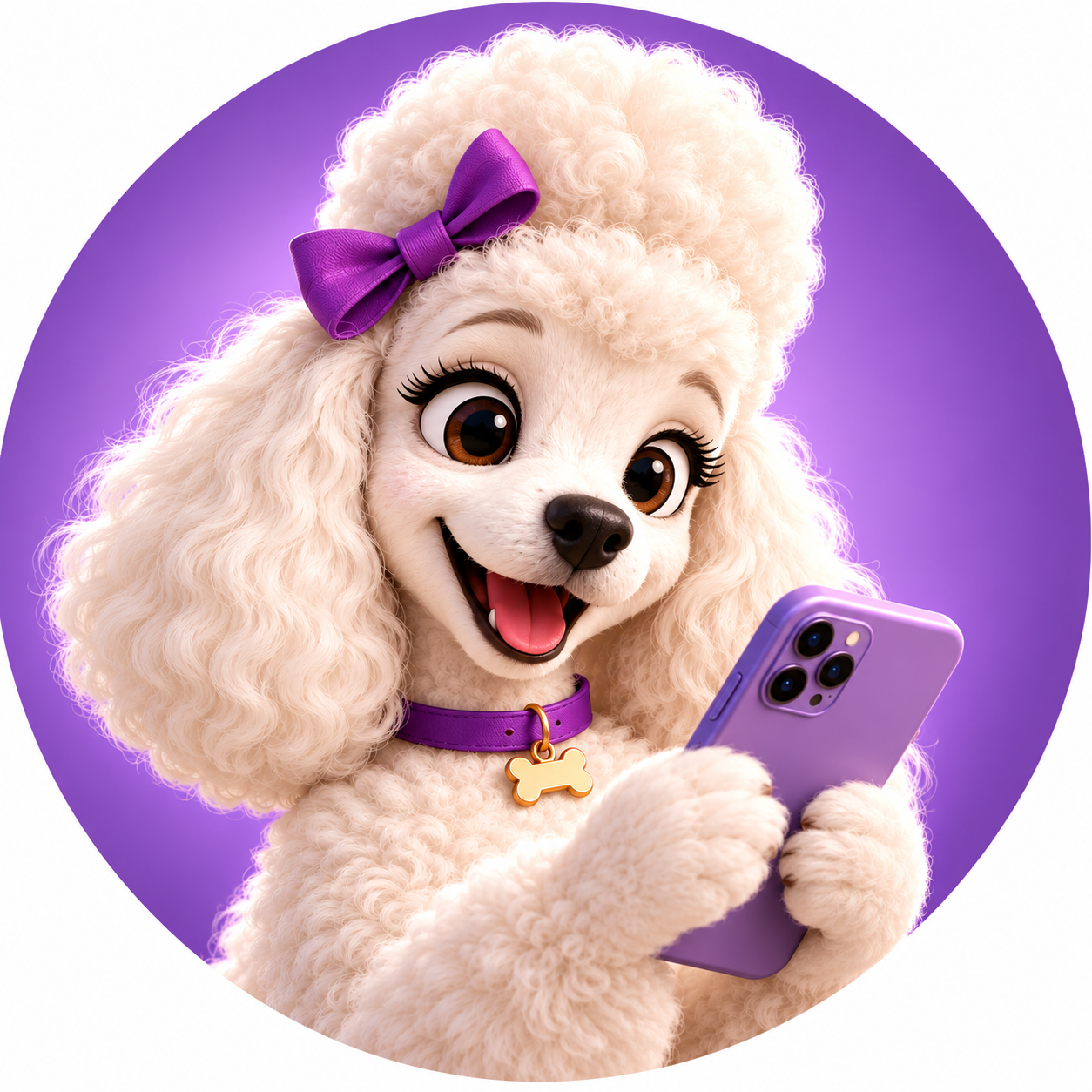 Doguin, a poodle de laço roxo, segurando um celular